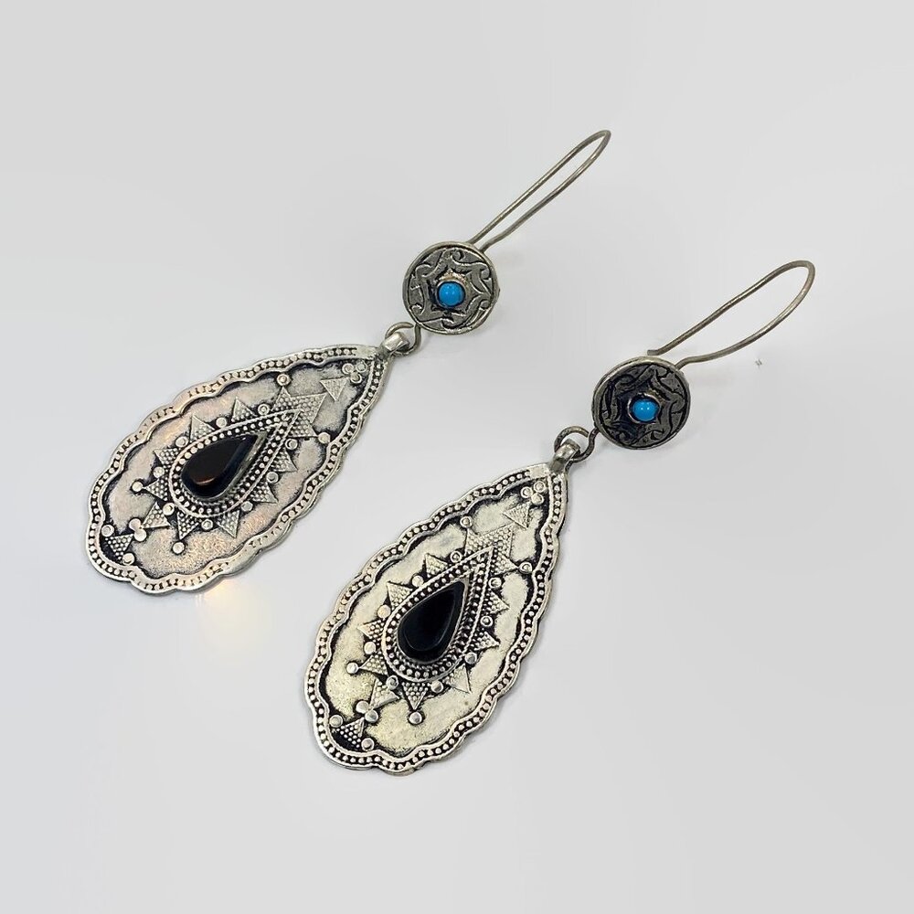 Black Earrings, Agate, Aqeeq Stone, Afghan, Vintage Earrings, Middle Eastern
